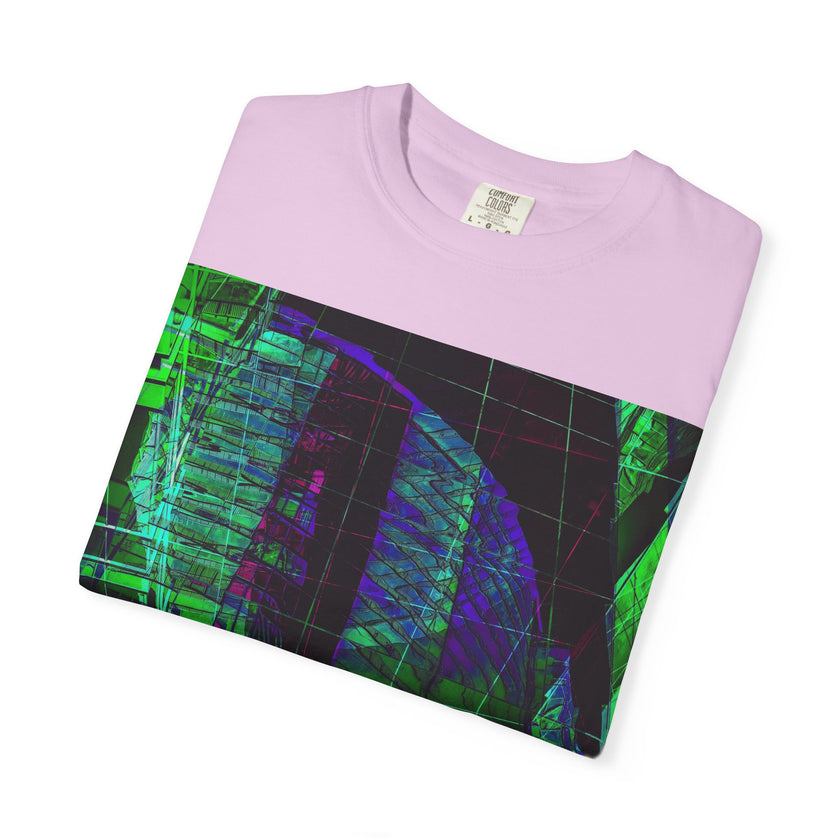 Love Talk By Kevin Quinn -Urban Abstract Architecture Neon Cityscape T-Shirt - Green & Purple Glitch Graphic
