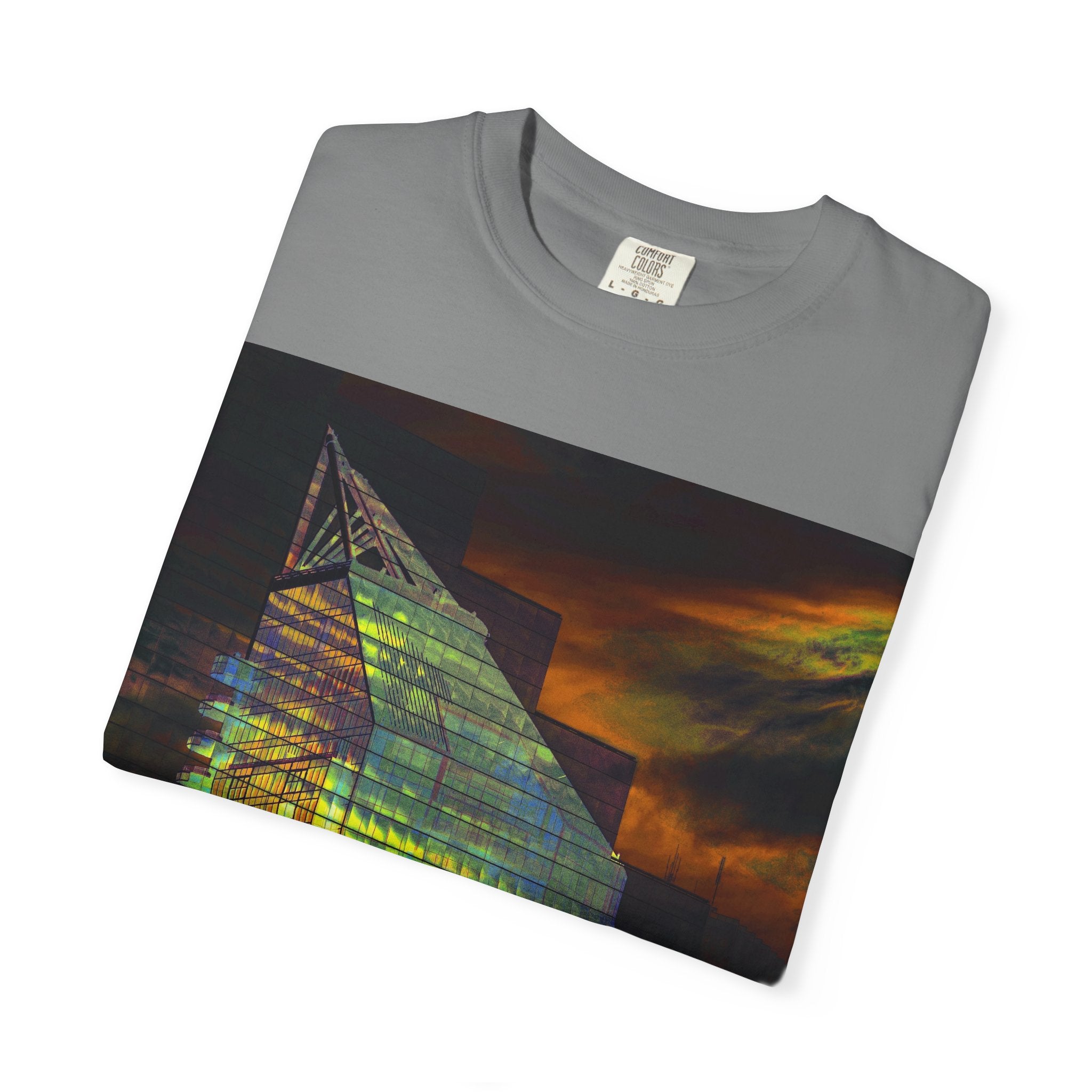 Night Light By Kevin Quinn -Modern Abstract Architectural Nightscape T-Shirt — Glass Building Sunset Photo Tee