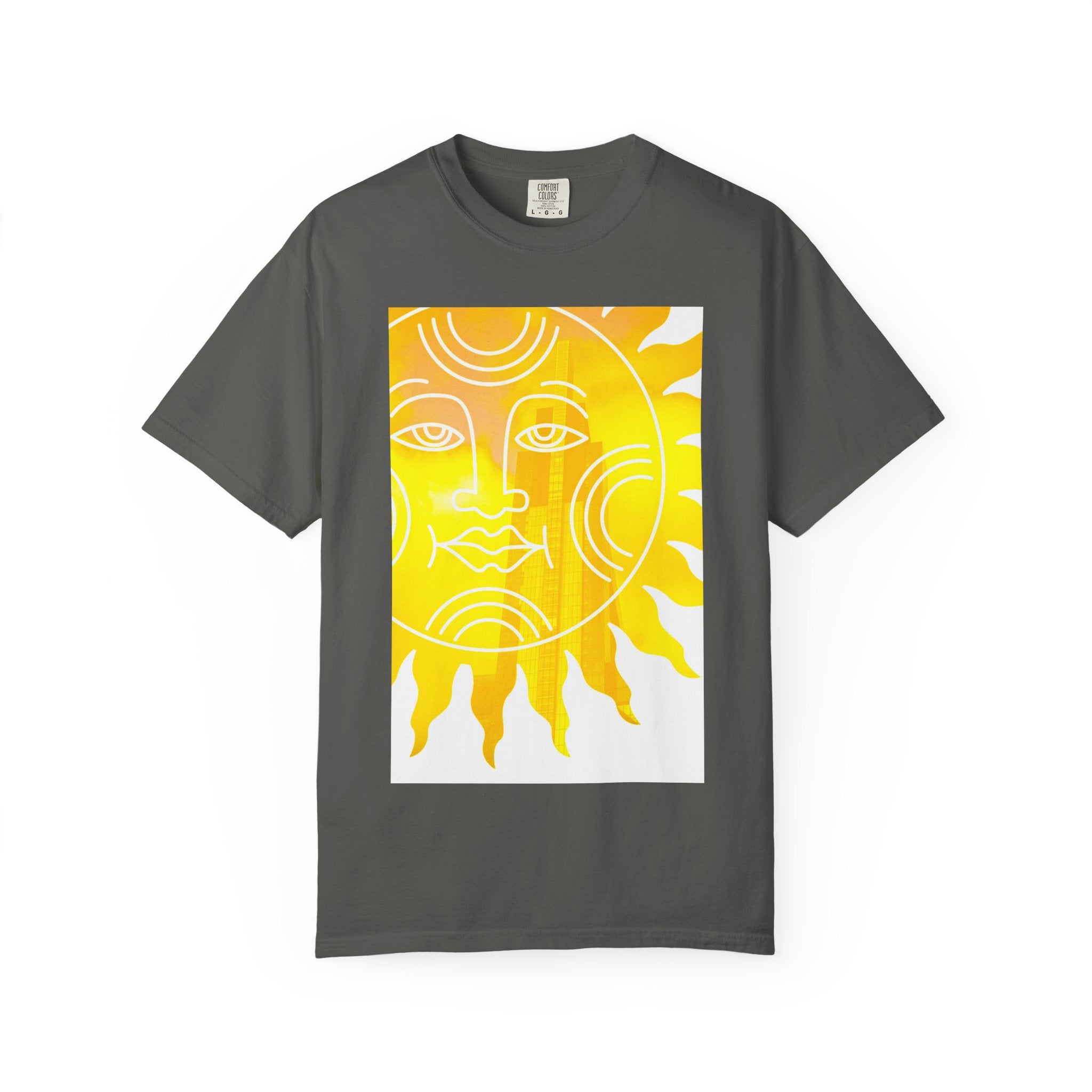 Silky The Sun Kid By Kevin Quinn-Modern Urban Sunface Graphic T-Shirt — Yellow Sun Artwork with QR Code Back