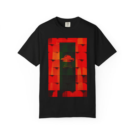 Hotel New Mexico By Kevin Quinn-Modern Abstract Architecture UFO QR Tee — Red Graphic T-Shirt with QR Code Back
