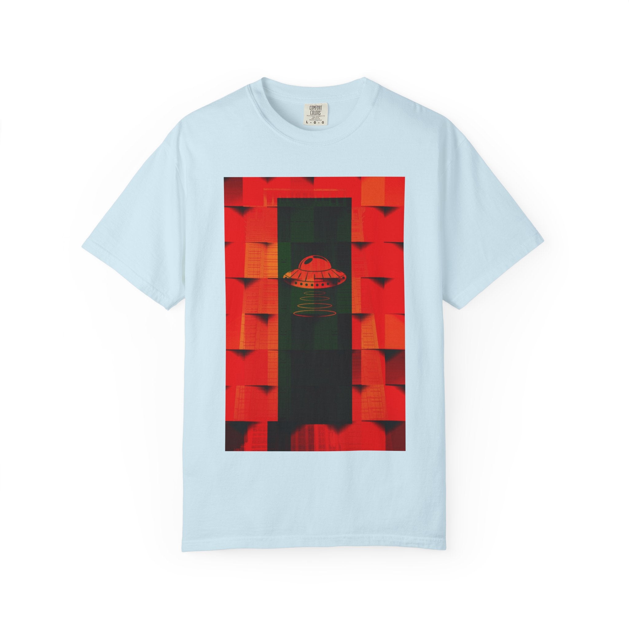 Hotel New Mexico By Kevin Quinn-Modern Abstract Architecture UFO QR Tee — Red Graphic T-Shirt with QR Code Back