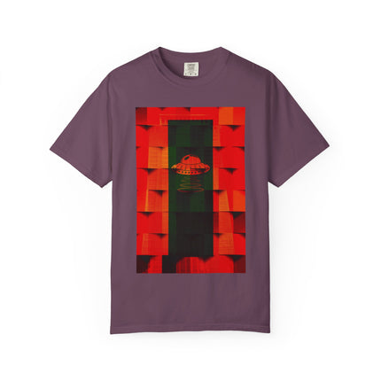 Hotel New Mexico By Kevin Quinn-Modern Abstract Architecture UFO QR Tee — Red Graphic T-Shirt with QR Code Back