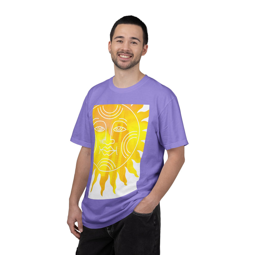 Silky The Sun Kid By Kevin Quinn-Modern Urban Sunface Graphic T-Shirt — Yellow Sun Artwork with QR Code Back