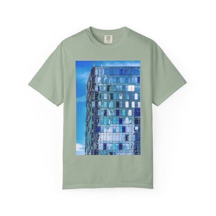 Toy Box By Kevin Quinn -Modern Urban Architecture Glass Facade T-Shirt — Blue Architectural Photo Tee