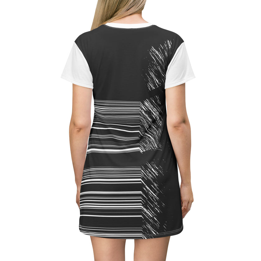 Barcode By Kevin Quinn-Monochrome Glitch T-Shirt Dress — Abstract Modern Architecture Striped Graphic