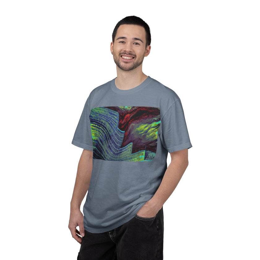 Leaving On A Thursday By Kevin Quinn -Urban Abstract Architecture Wave Art T-Shirt — Neon Ocean Landscape Graphic Tee