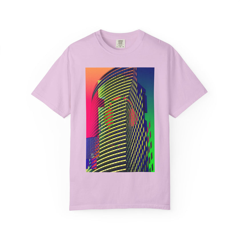 New York Beats By Kevin Quinn -Modern Abstract Architecture Neon Cityscape T-Shirt — Retro Vaporwave Building Print