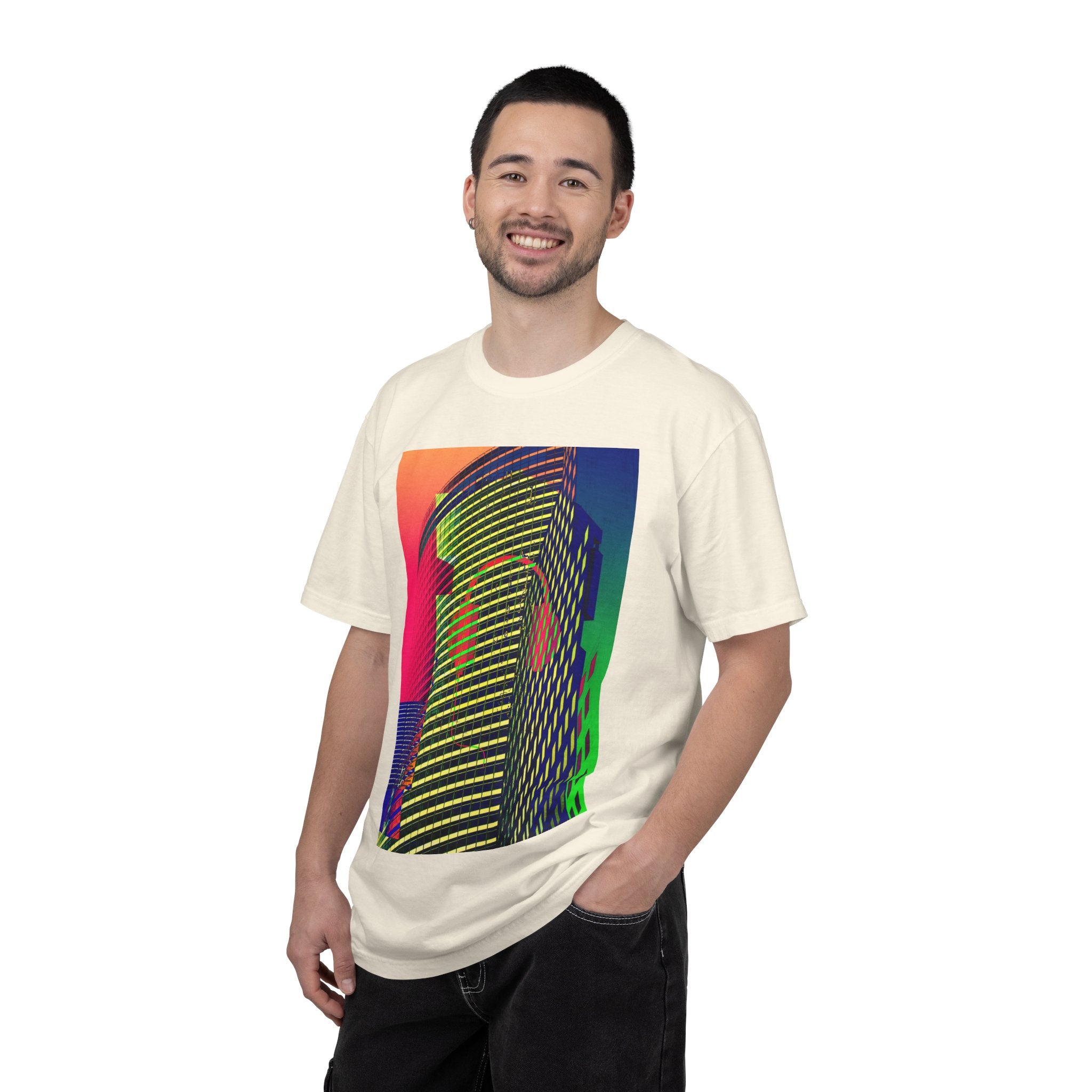 New York Beats By Kevin Quinn -Modern Abstract Architecture Neon Cityscape T-Shirt — Retro Vaporwave Building Print
