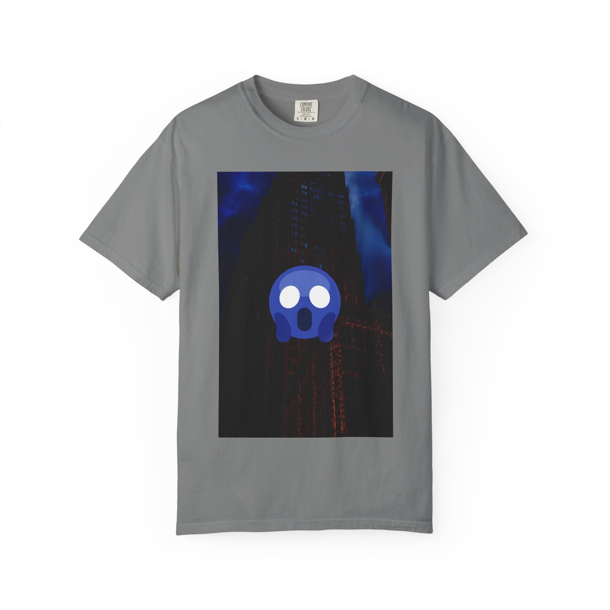 Mr. O  By Kevin Quinn   -Skull Ghost Graphic T-Shirt — Neon Blue Haunted Vibe- Modern Urban Pop Architecture