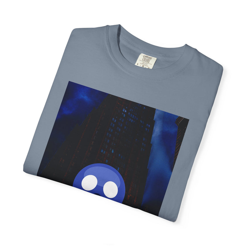Mr. O  By Kevin Quinn   -Skull Ghost Graphic T-Shirt — Neon Blue Haunted Vibe- Modern Urban Pop Architecture