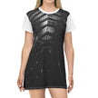 Night Ride By Kevin Quinn -Monochrome Motorcycle Cityscape T‑Shirt Dress — Black Night Motorcycle Building Print
