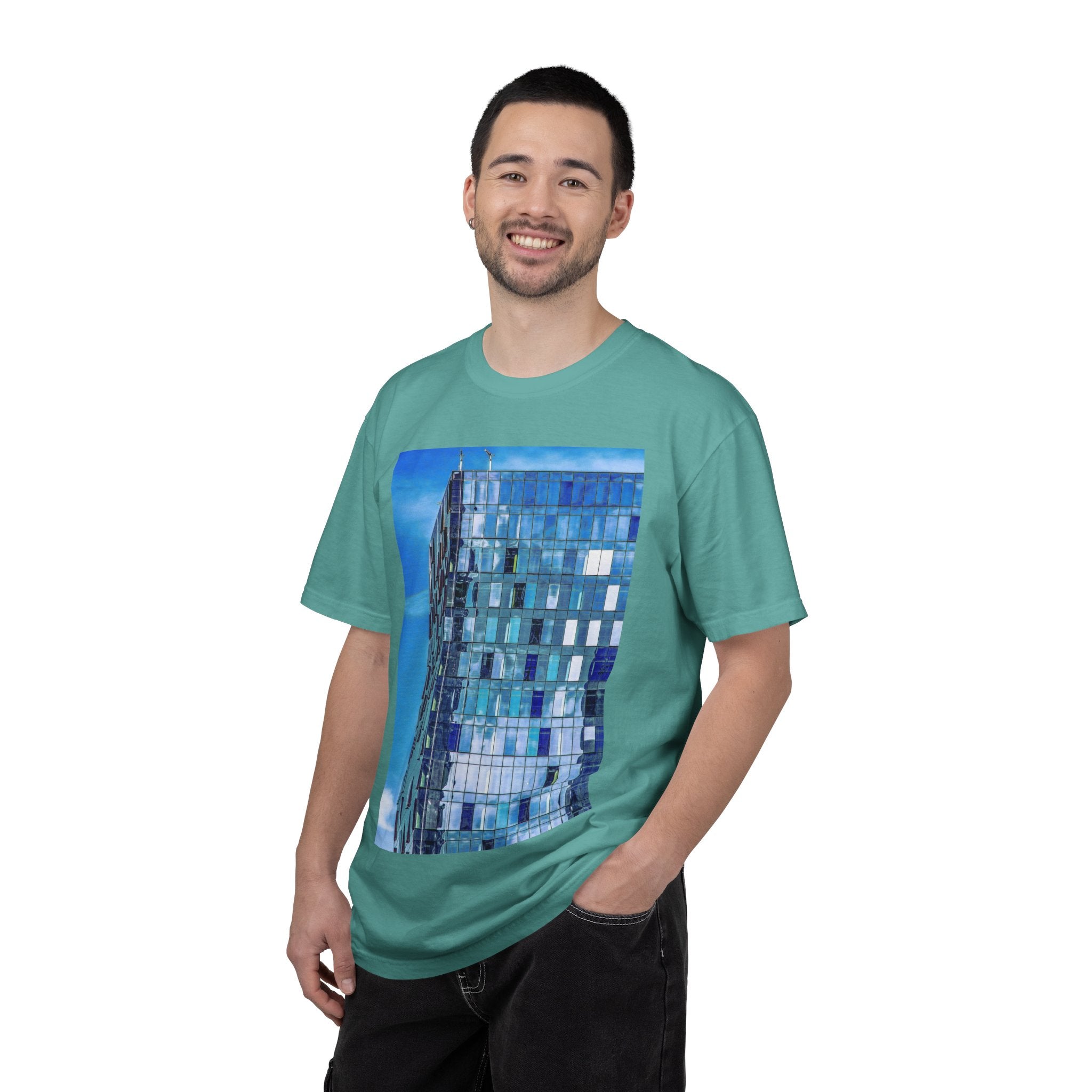 Toy Box By Kevin Quinn -Modern Urban Architecture Glass Facade T-Shirt — Blue Architectural Photo Tee