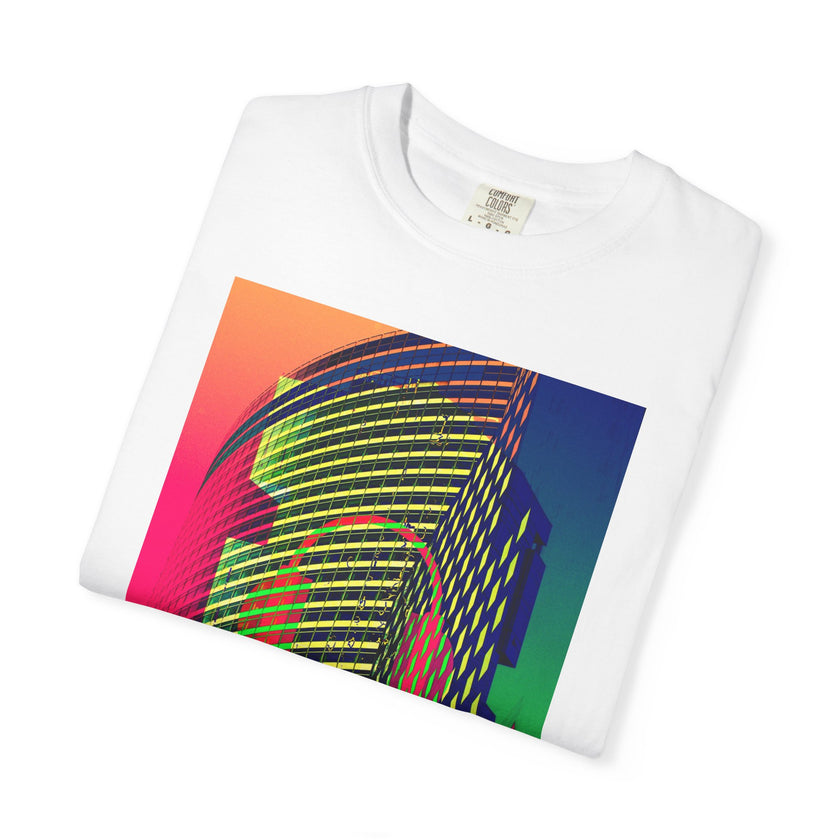 New York Beats By Kevin Quinn -Modern Abstract Architecture Neon Cityscape T-Shirt — Retro Vaporwave Building Print