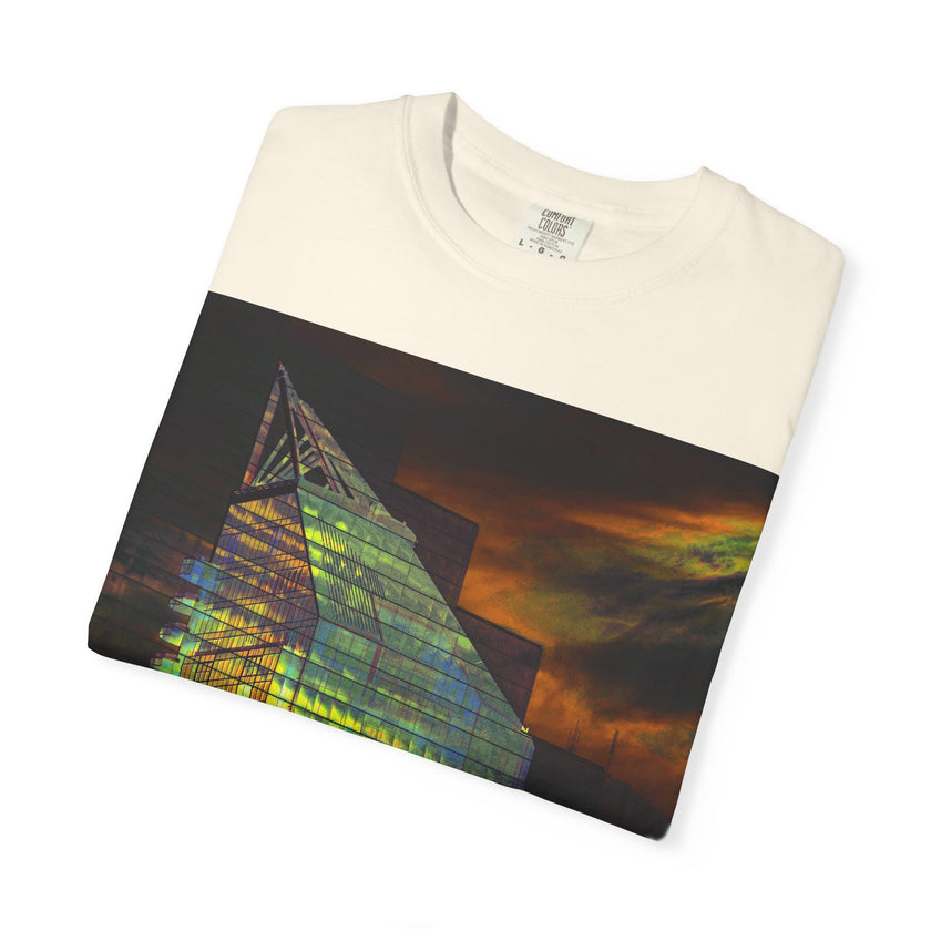 Night Light By Kevin Quinn -Modern Abstract Architectural Nightscape T-Shirt — Glass Building Sunset Photo Tee