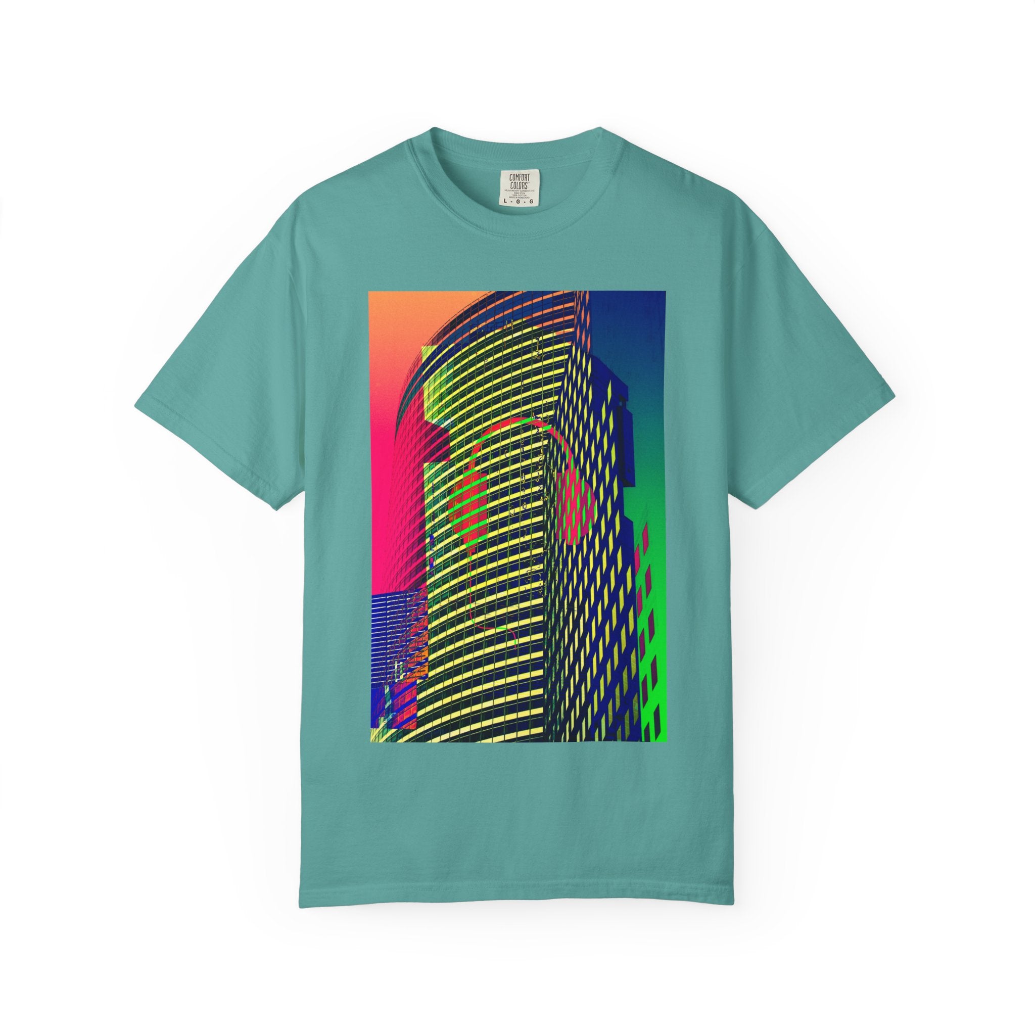 New York Beats By Kevin Quinn -Modern Abstract Architecture Neon Cityscape T-Shirt — Retro Vaporwave Building Print