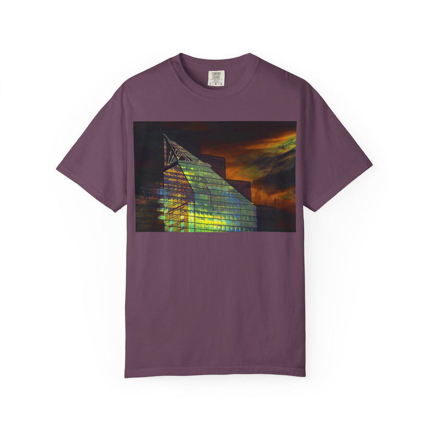 Night Light By Kevin Quinn -Modern Abstract Architectural Nightscape T-Shirt — Glass Building Sunset Photo Tee