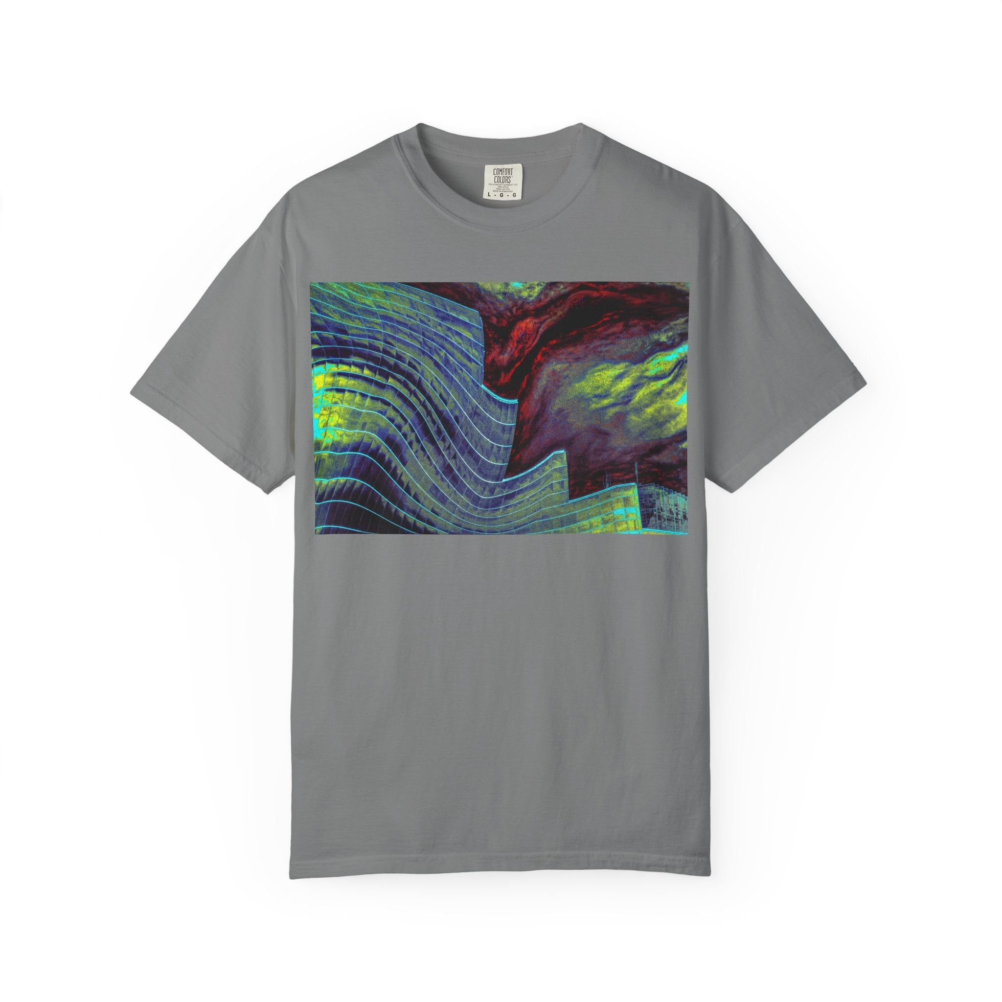 Leaving On A Thursday By Kevin Quinn -Urban Abstract Architecture Wave Art T-Shirt — Neon Ocean Landscape Graphic Tee
