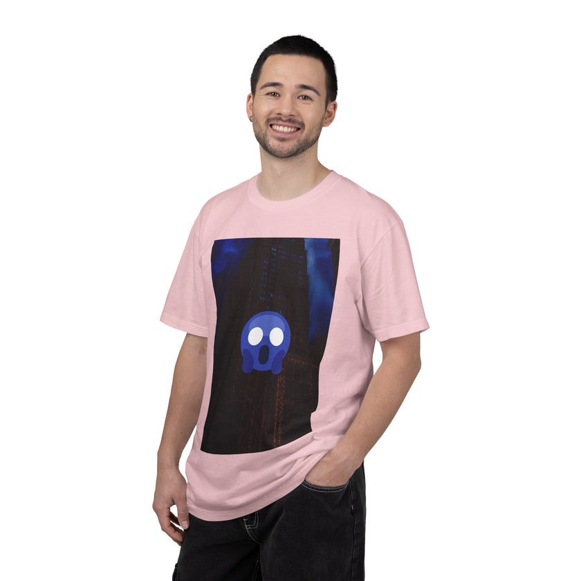 Mr. O  By Kevin Quinn   -Skull Ghost Graphic T-Shirt — Neon Blue Haunted Vibe- Modern Urban Pop Architecture