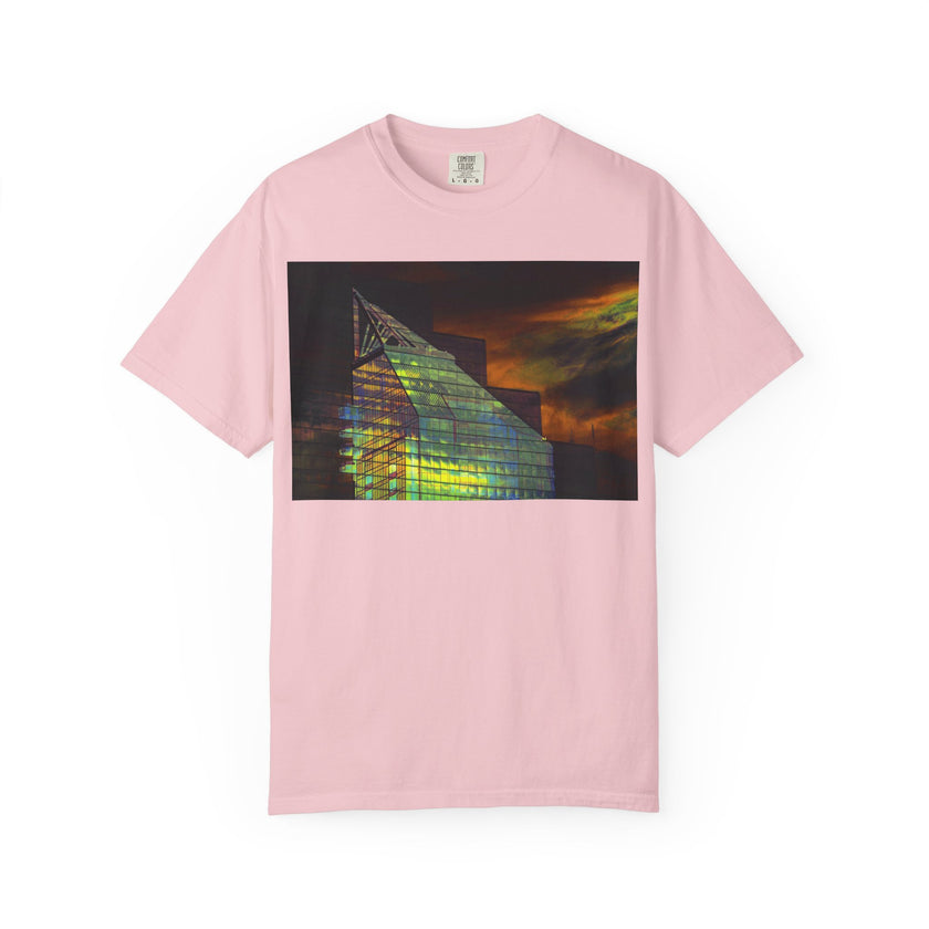 Night Light By Kevin Quinn -Modern Abstract Architectural Nightscape T-Shirt — Glass Building Sunset Photo Tee