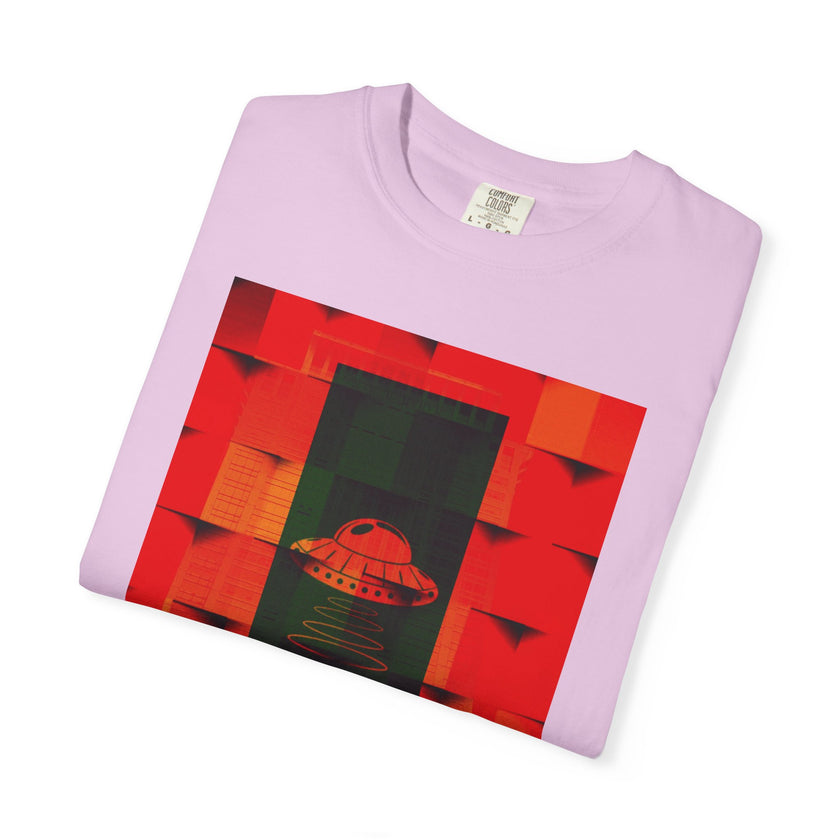 Hotel New Mexico By Kevin Quinn-Modern Abstract Architecture UFO QR Tee — Red Graphic T-Shirt with QR Code Back