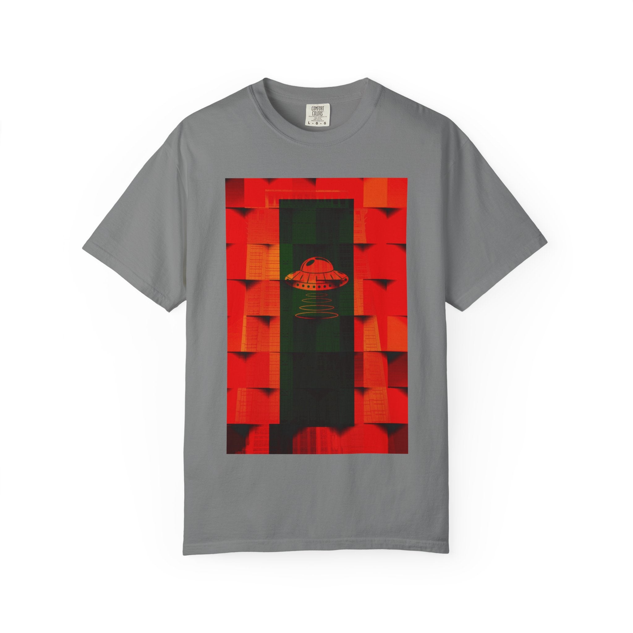 Hotel New Mexico By Kevin Quinn-Modern Abstract Architecture UFO QR Tee — Red Graphic T-Shirt with QR Code Back