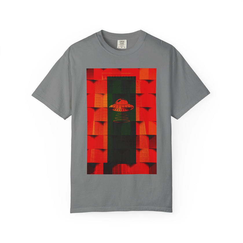 Hotel New Mexico By Kevin Quinn-Modern Abstract Architecture UFO QR Tee — Red Graphic T-Shirt with QR Code Back