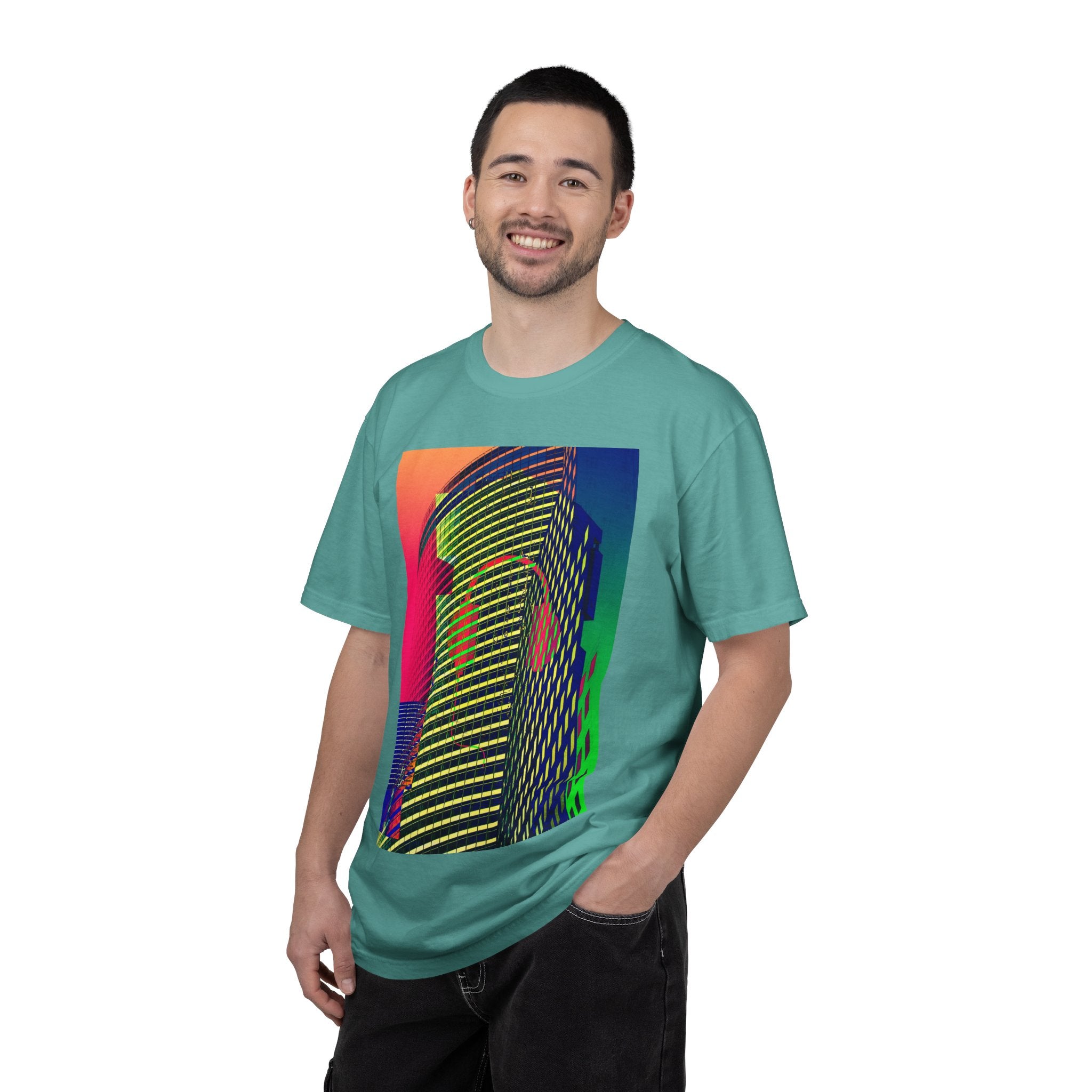 New York Beats By Kevin Quinn -Modern Abstract Architecture Neon Cityscape T-Shirt — Retro Vaporwave Building Print