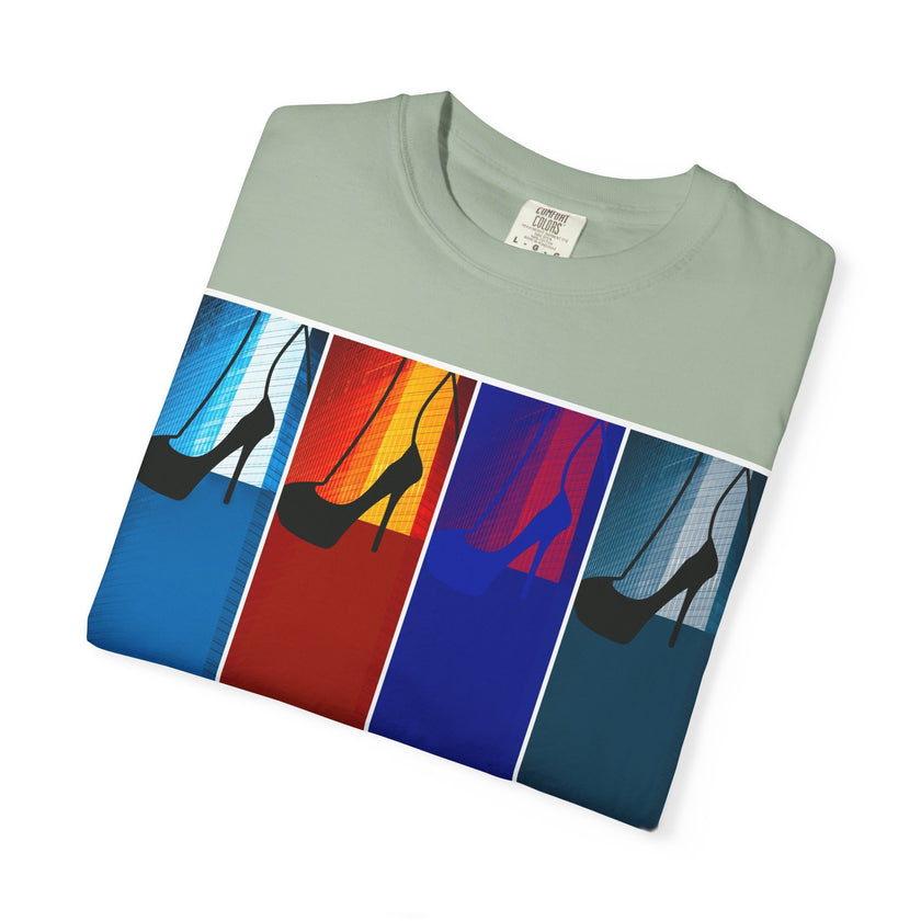 She Knows How To Use Them By Kevin Quinn -Modern Pop Architecture Art Stiletto T‑Shirt — Colorblock High Heel Graphic with QR Code