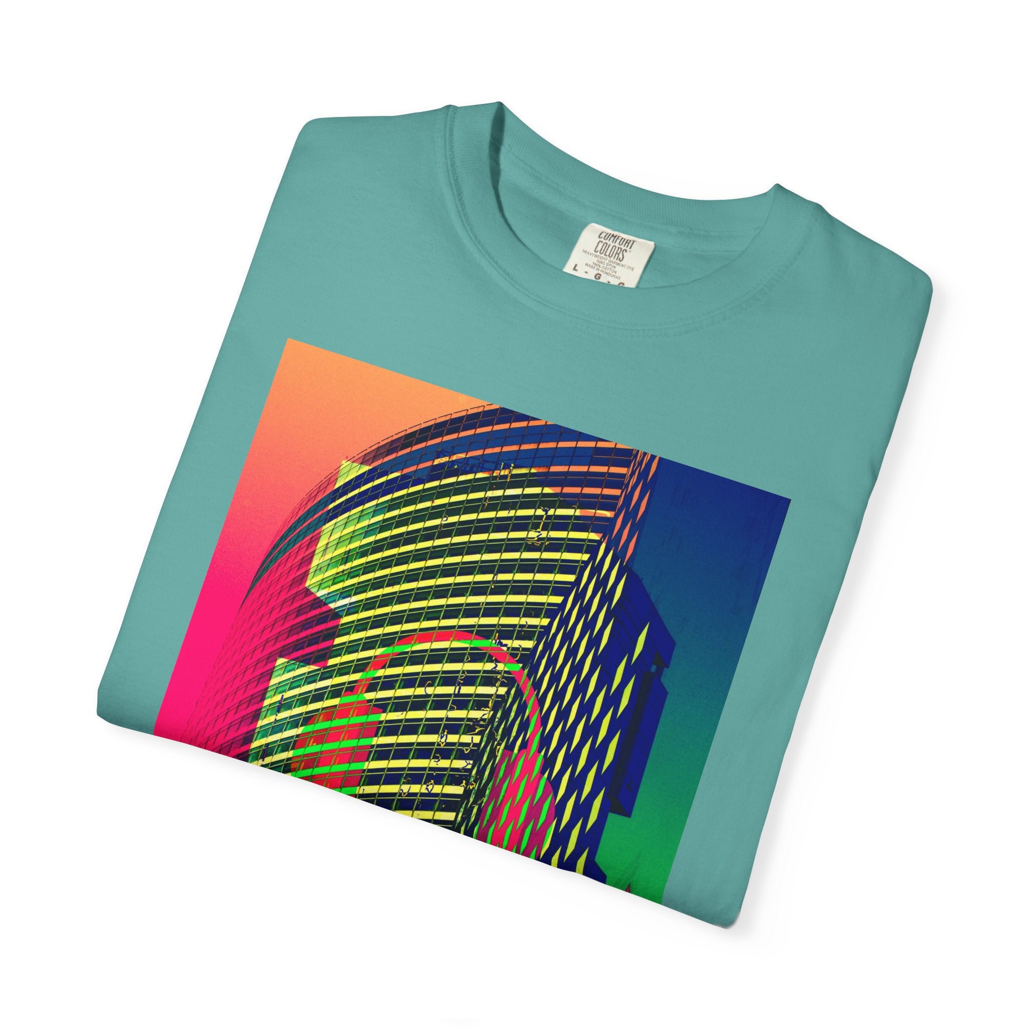 New York Beats By Kevin Quinn -Modern Abstract Architecture Neon Cityscape T-Shirt — Retro Vaporwave Building Print