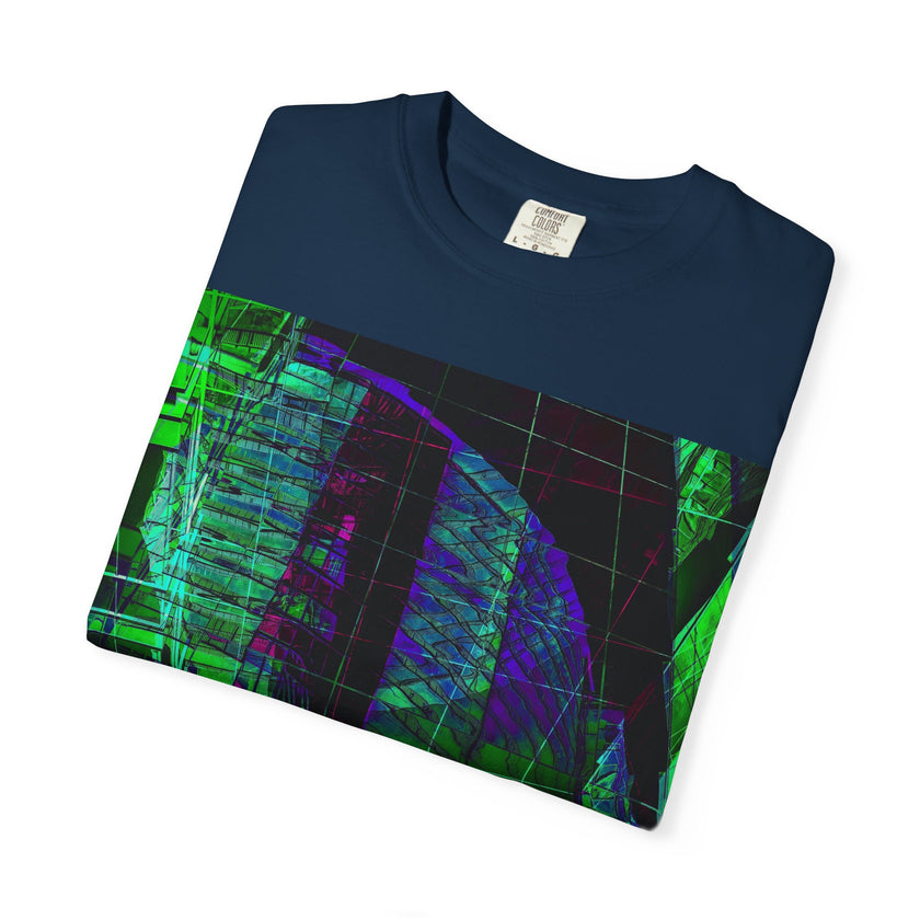 Love Talk By Kevin Quinn -Urban Abstract Architecture Neon Cityscape T-Shirt - Green & Purple Glitch Graphic
