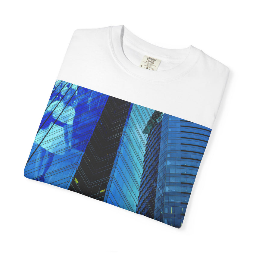 I Think of Her Often By Kevin Quinn -Abstract Urban Architecture Blue Skyscraper with Girl T-Shirt