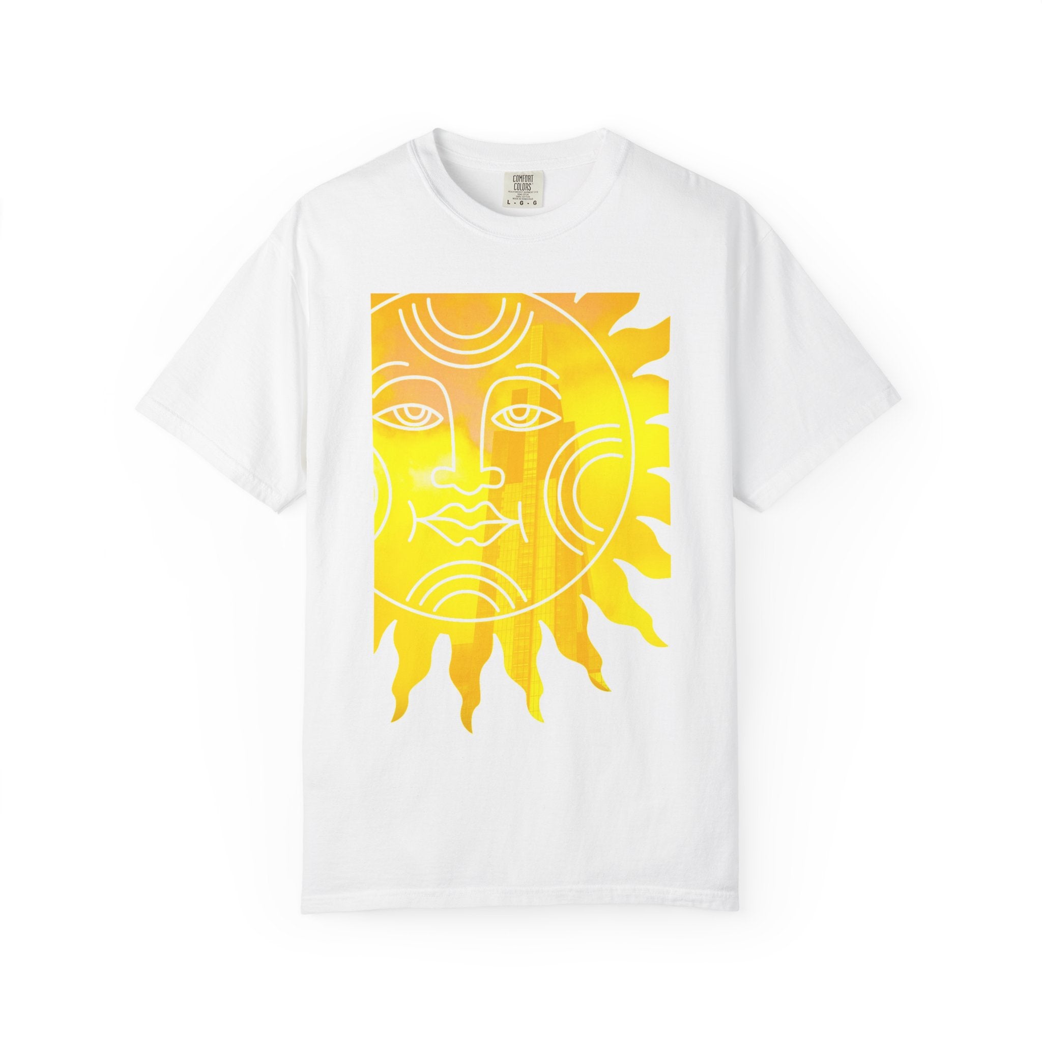 Silky The Sun Kid By Kevin Quinn-Modern Urban Sunface Graphic T-Shirt — Yellow Sun Artwork with QR Code Back