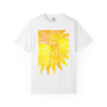 Silky The Sun Kid By Kevin Quinn-Modern Urban Sunface Graphic T-Shirt — Yellow Sun Artwork with QR Code Back