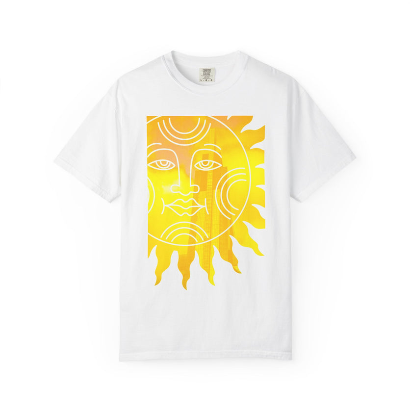 Silky The Sun Kid By Kevin Quinn-Modern Urban Sunface Graphic T-Shirt — Yellow Sun Artwork with QR Code Back