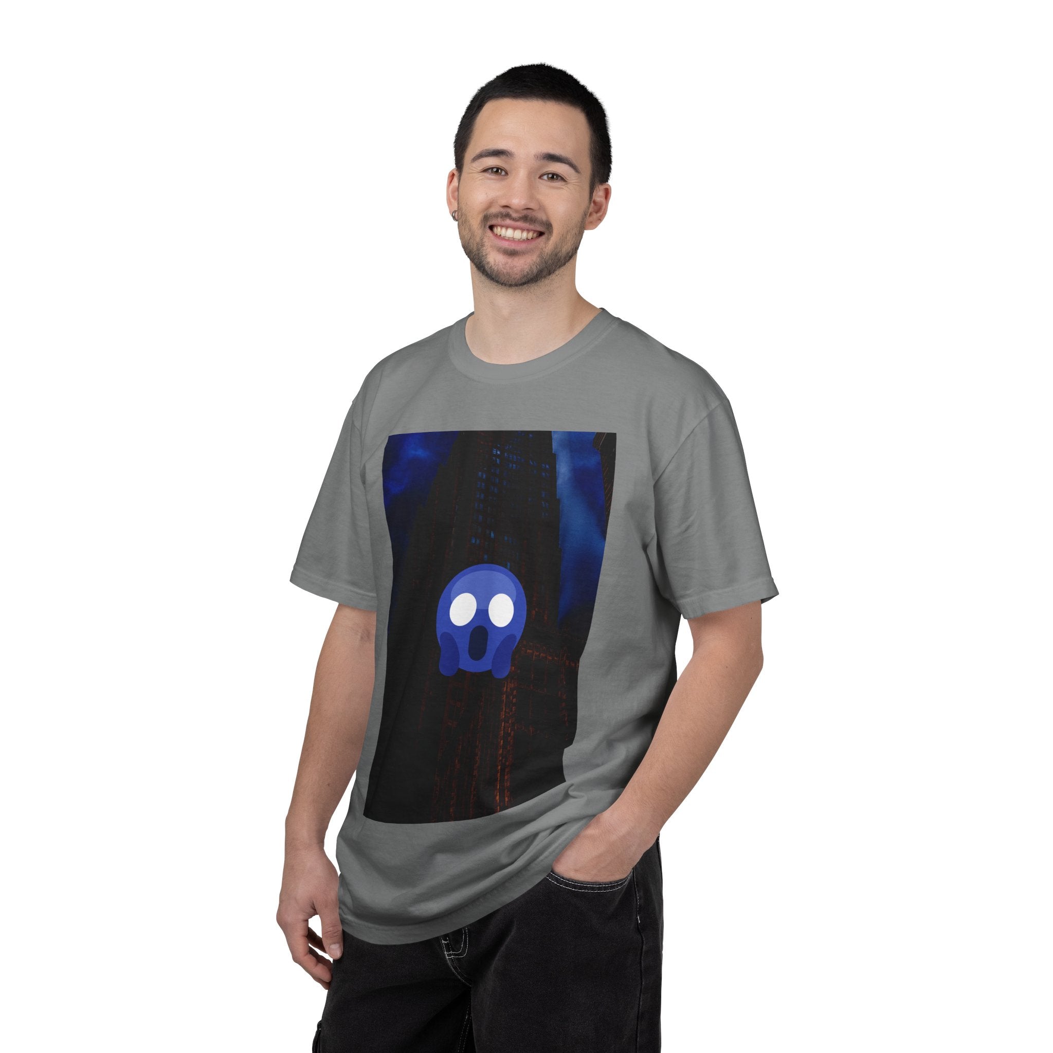 Mr. O  By Kevin Quinn   -Skull Ghost Graphic T-Shirt — Neon Blue Haunted Vibe- Modern Urban Pop Architecture