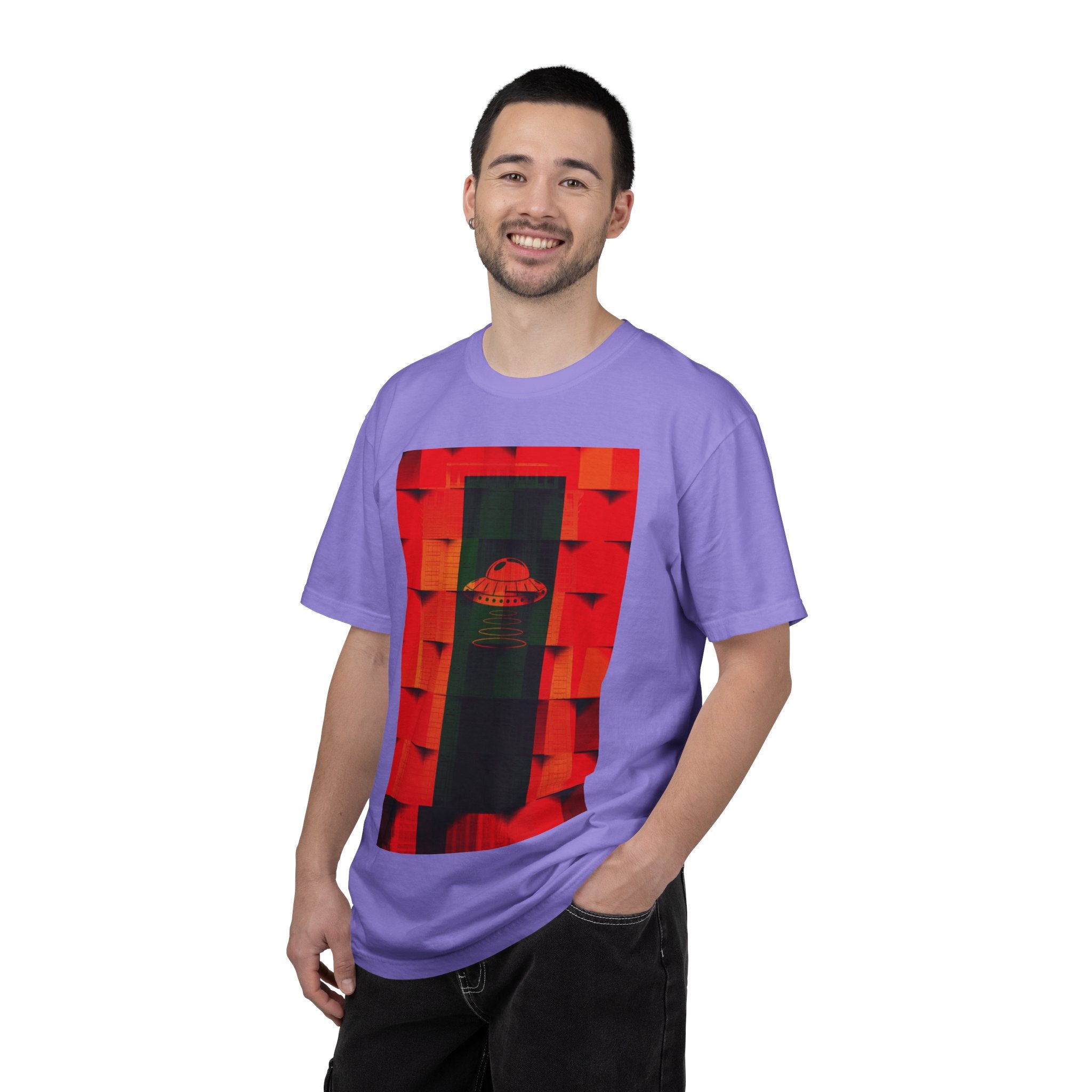 Hotel New Mexico By Kevin Quinn-Modern Abstract Architecture UFO QR Tee — Red Graphic T-Shirt with QR Code Back