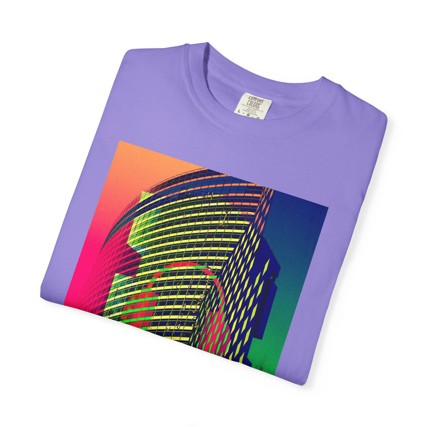 New York Beats By Kevin Quinn -Modern Abstract Architecture Neon Cityscape T-Shirt — Retro Vaporwave Building Print
