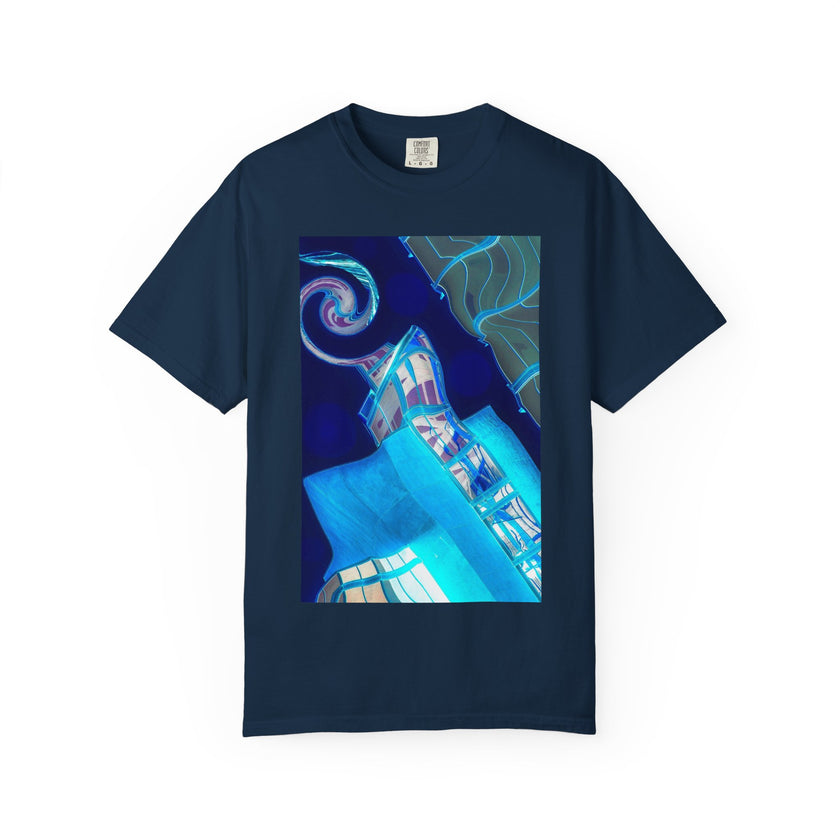 Tiny Dancer By Kevin Quinn   -Urban Modern Abstract Architecture Graphic Tee— Blue Surreal Building Art