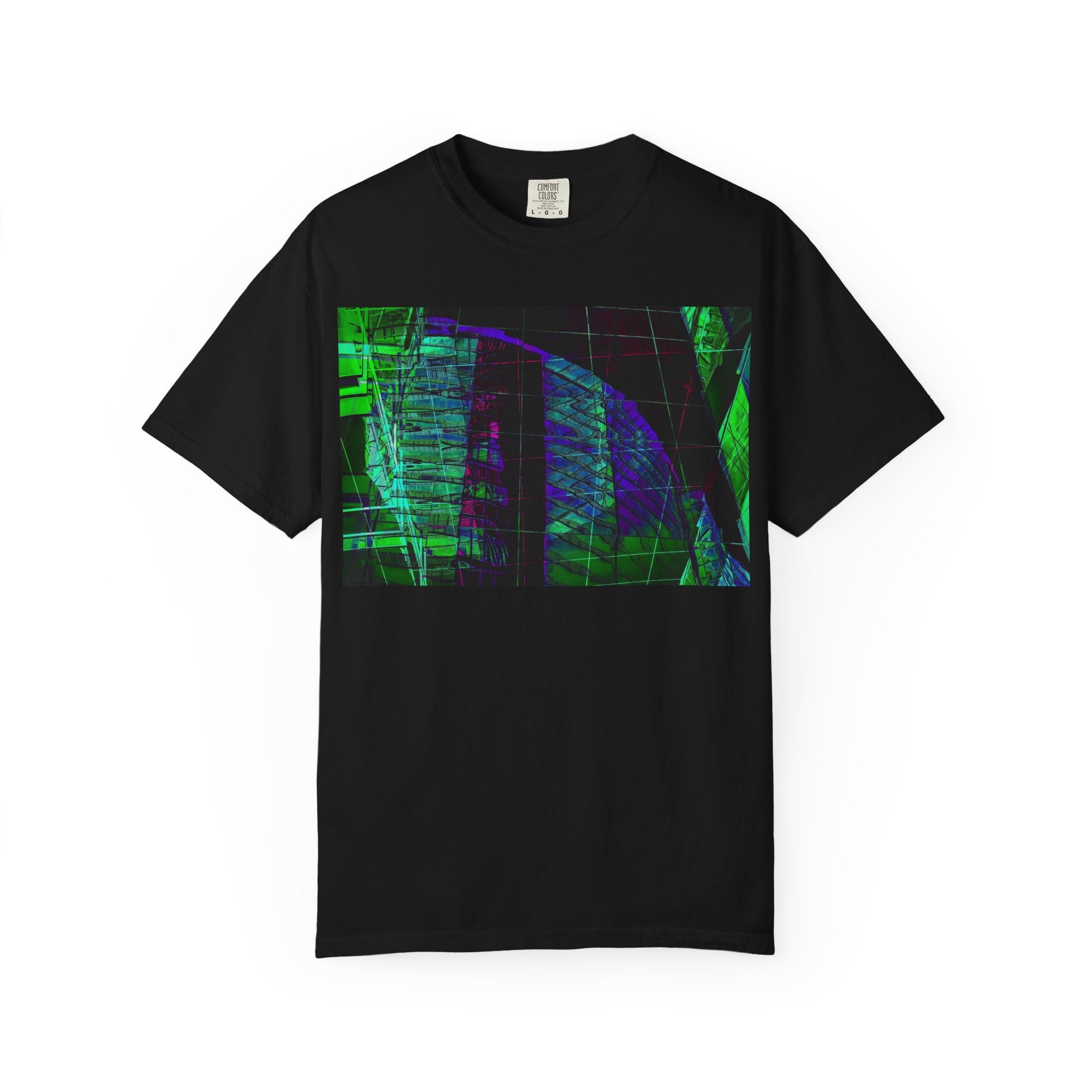 Love Talk By Kevin Quinn -Urban Abstract Architecture Neon Cityscape T-Shirt - Green & Purple Glitch Graphic