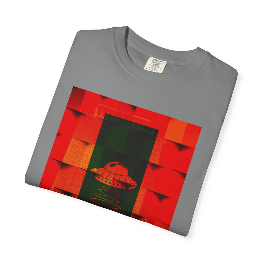 Hotel New Mexico By Kevin Quinn-Modern Abstract Architecture UFO QR Tee — Red Graphic T-Shirt with QR Code Back