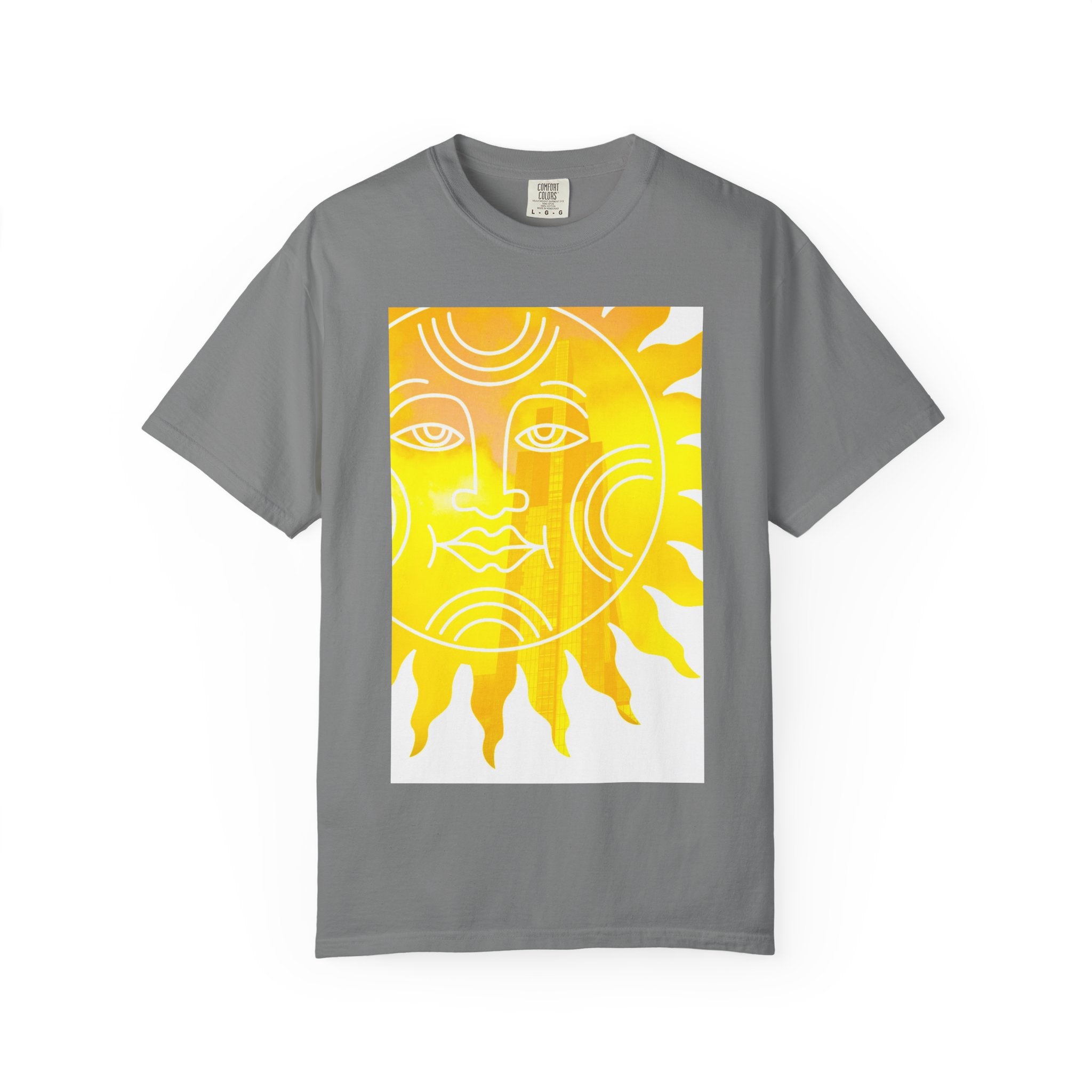 Silky The Sun Kid By Kevin Quinn-Modern Urban Sunface Graphic T-Shirt — Yellow Sun Artwork with QR Code Back