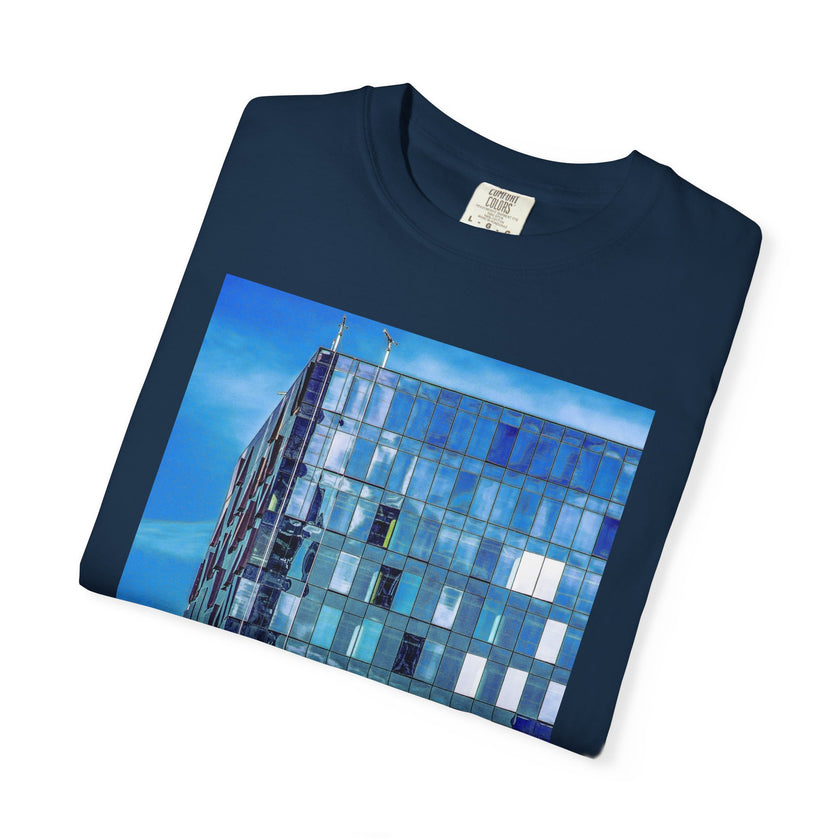 Toy Box By Kevin Quinn -Modern Urban Architecture Glass Facade T-Shirt — Blue Architectural Photo Tee