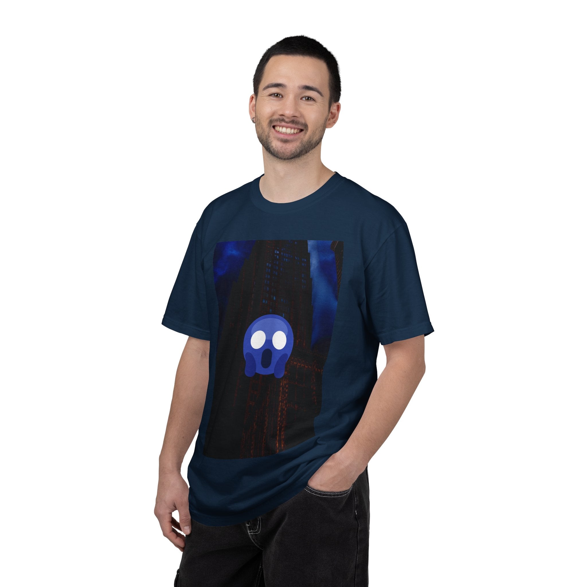 Mr. O  By Kevin Quinn   -Skull Ghost Graphic T-Shirt — Neon Blue Haunted Vibe- Modern Urban Pop Architecture