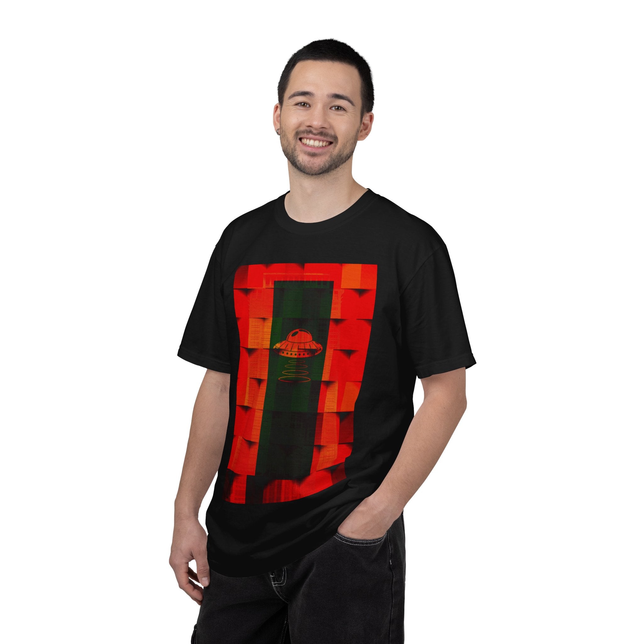 Hotel New Mexico By Kevin Quinn-Modern Abstract Architecture UFO QR Tee — Red Graphic T-Shirt with QR Code Back