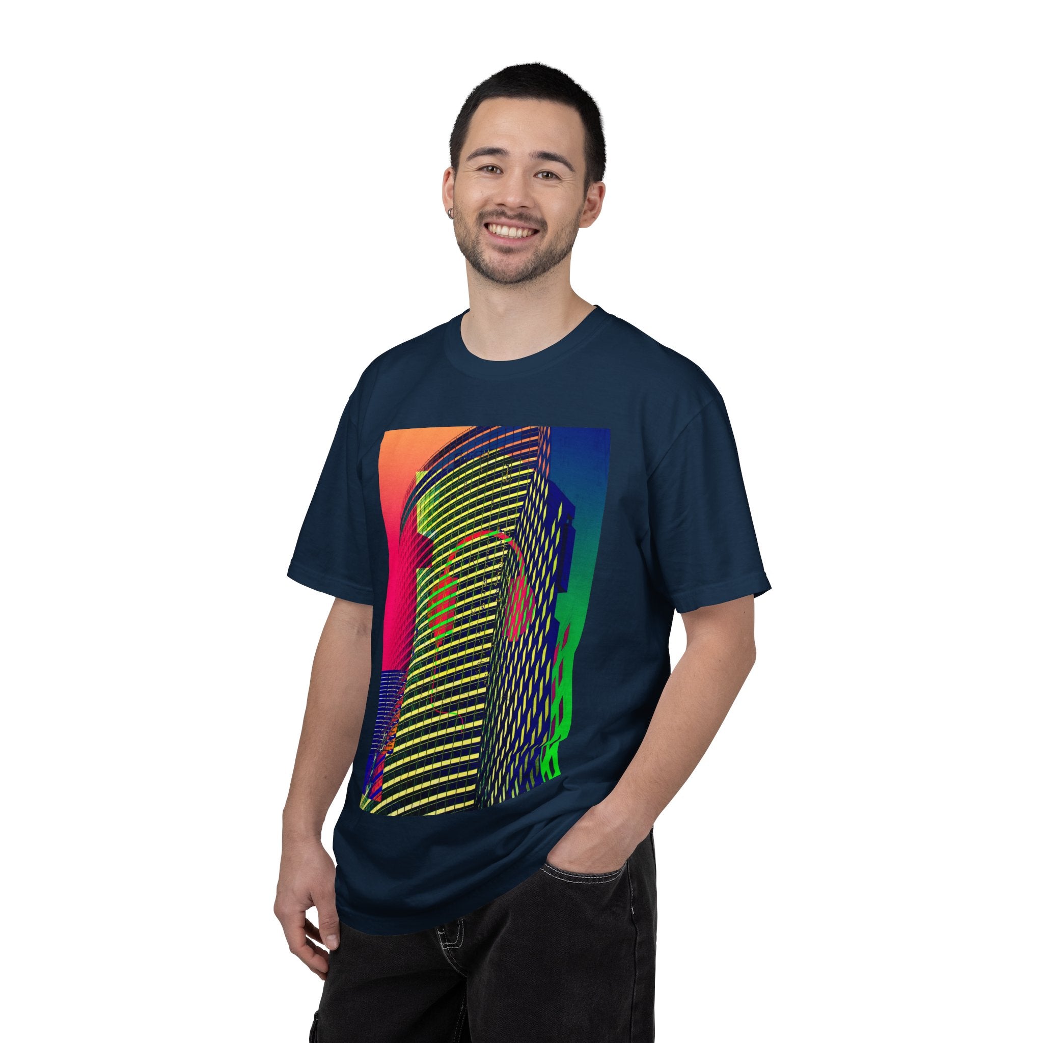 New York Beats By Kevin Quinn -Modern Abstract Architecture Neon Cityscape T-Shirt — Retro Vaporwave Building Print