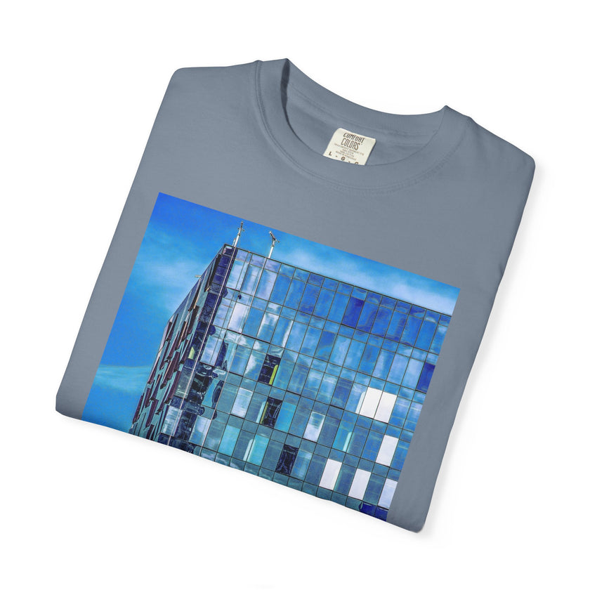 Toy Box By Kevin Quinn -Modern Urban Architecture Glass Facade T-Shirt — Blue Architectural Photo Tee