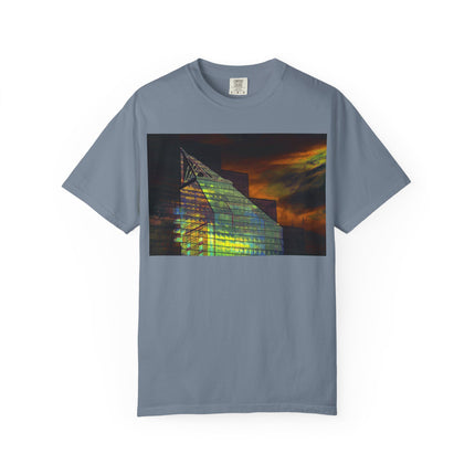 Night Light By Kevin Quinn -Modern Abstract Architectural Nightscape T-Shirt — Glass Building Sunset Photo Tee