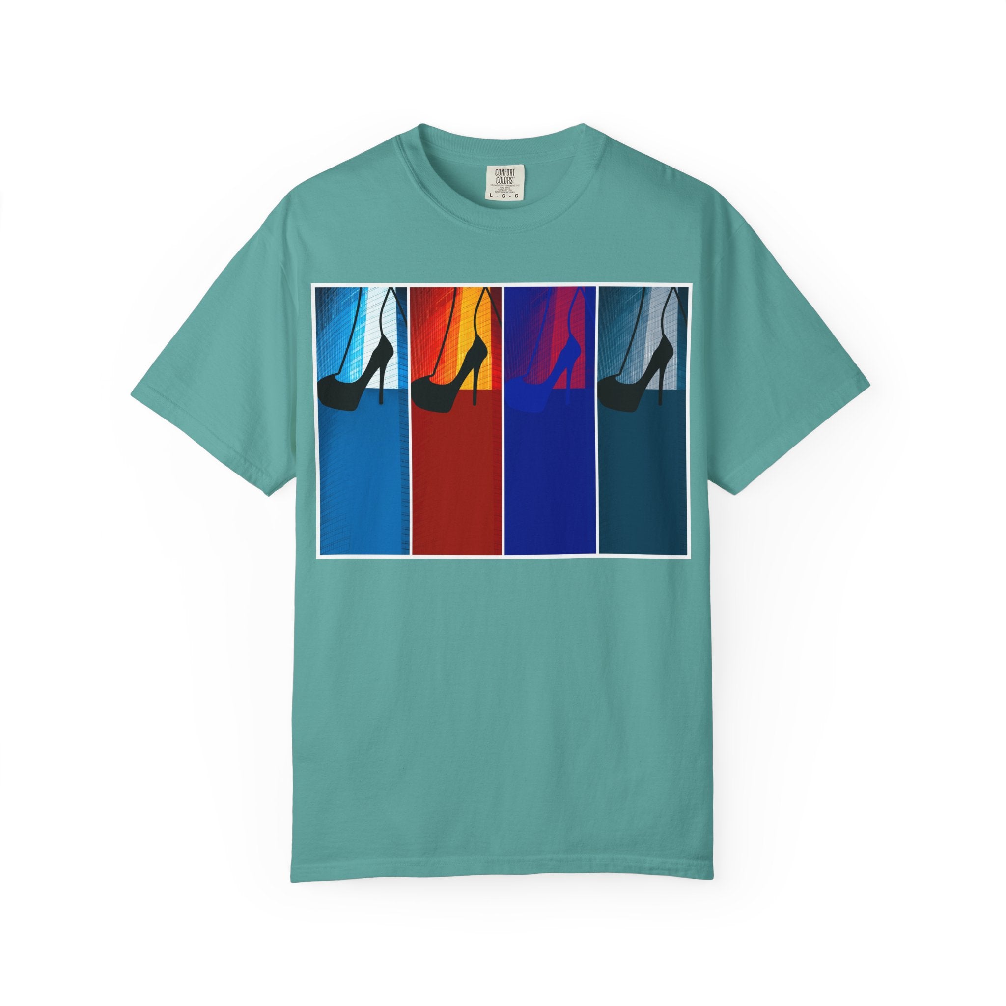 She Knows How To Use Them By Kevin Quinn -Modern Pop Architecture Art Stiletto T‑Shirt — Colorblock High Heel Graphic with QR Code