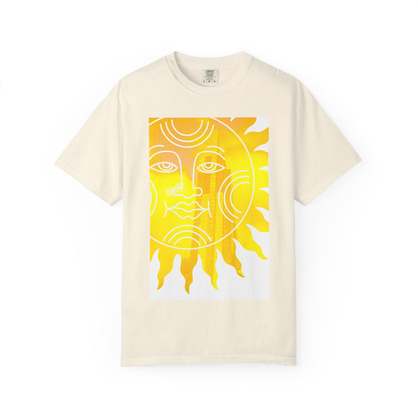 Silky The Sun Kid By Kevin Quinn-Modern Urban Sunface Graphic T-Shirt — Yellow Sun Artwork with QR Code Back