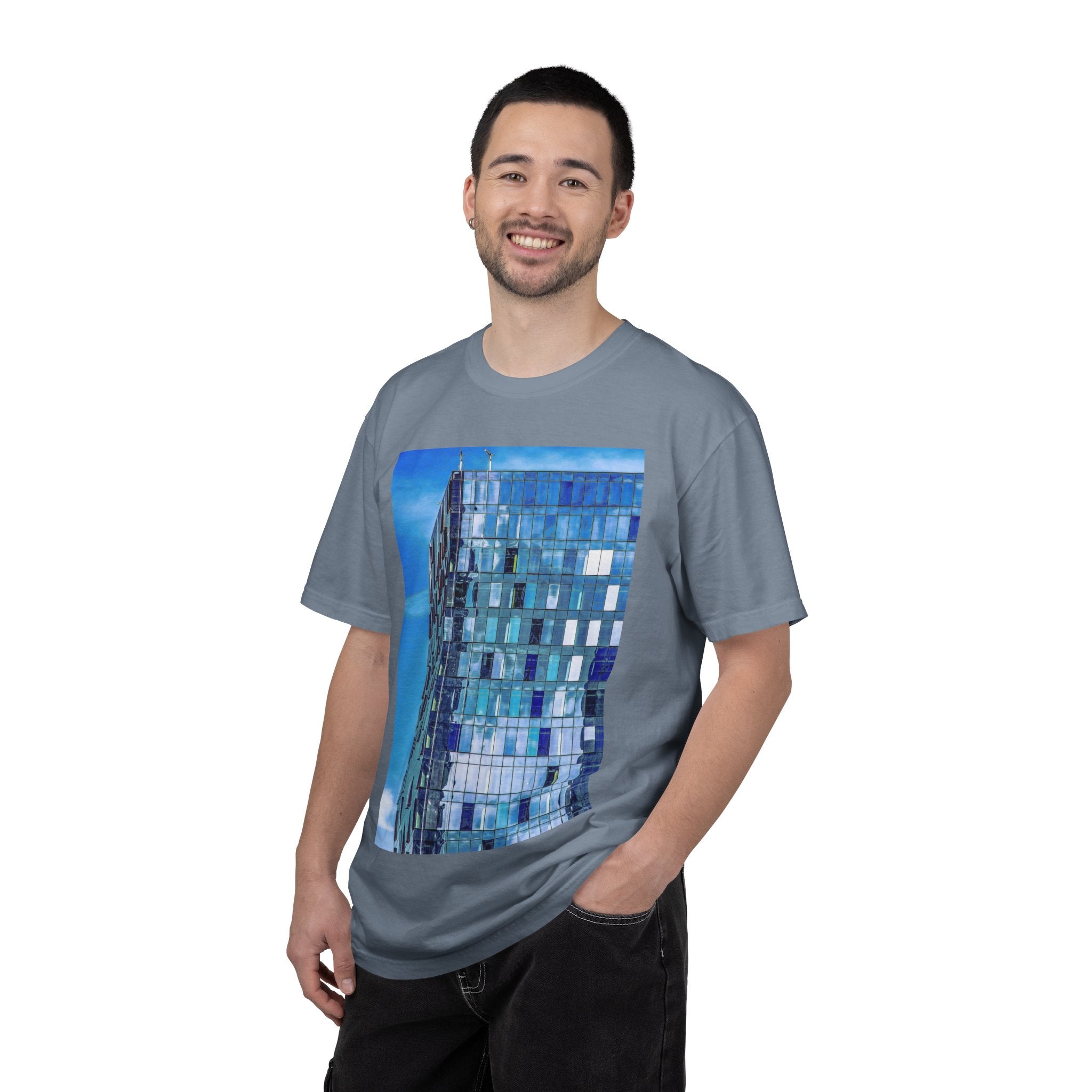 Toy Box By Kevin Quinn -Modern Urban Architecture Glass Facade T-Shirt — Blue Architectural Photo Tee
